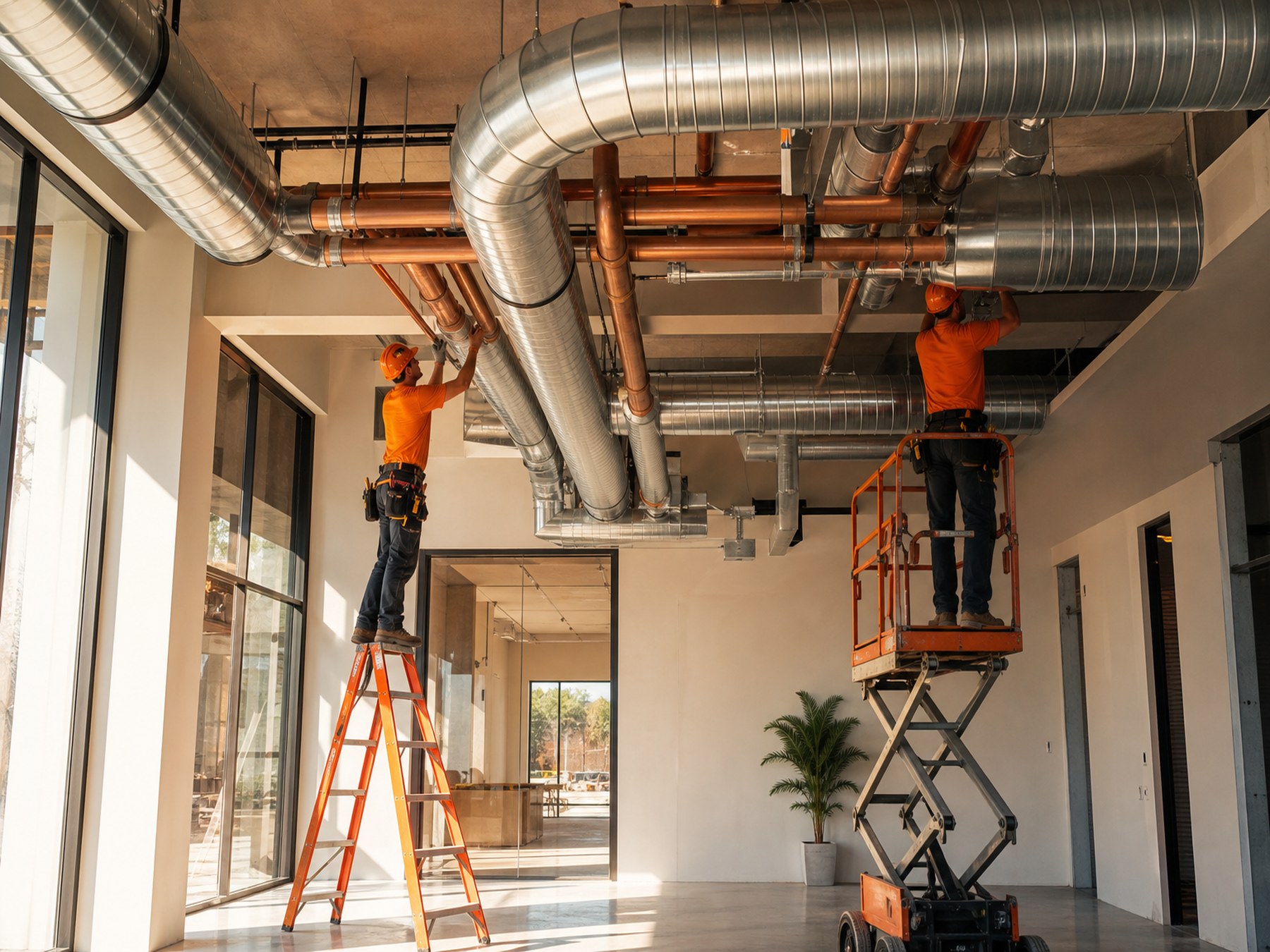 Technicians installing clean spiral ductwork in a commercial interior