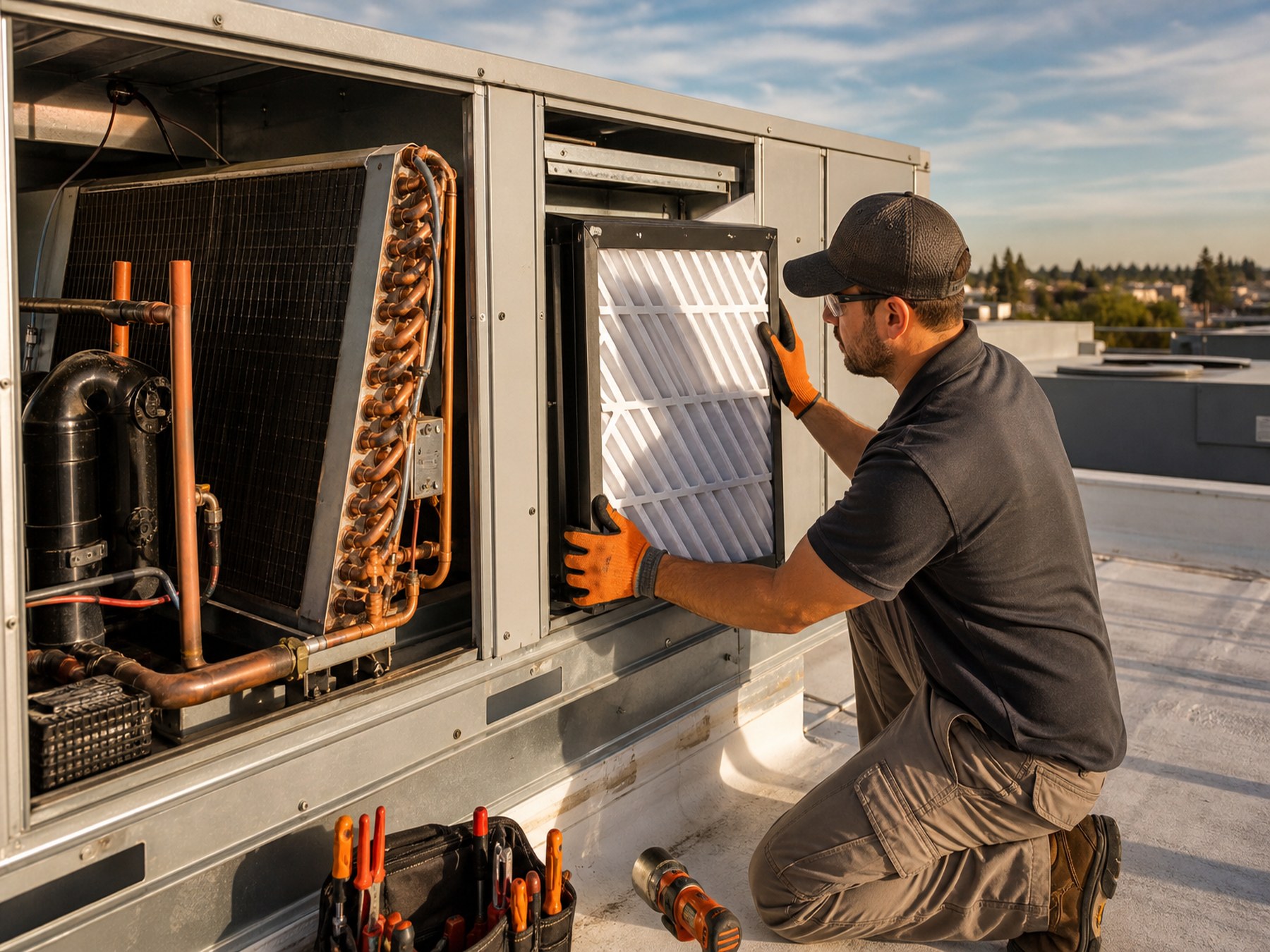 HVAC technician replacing a filter in a rooftop package unit