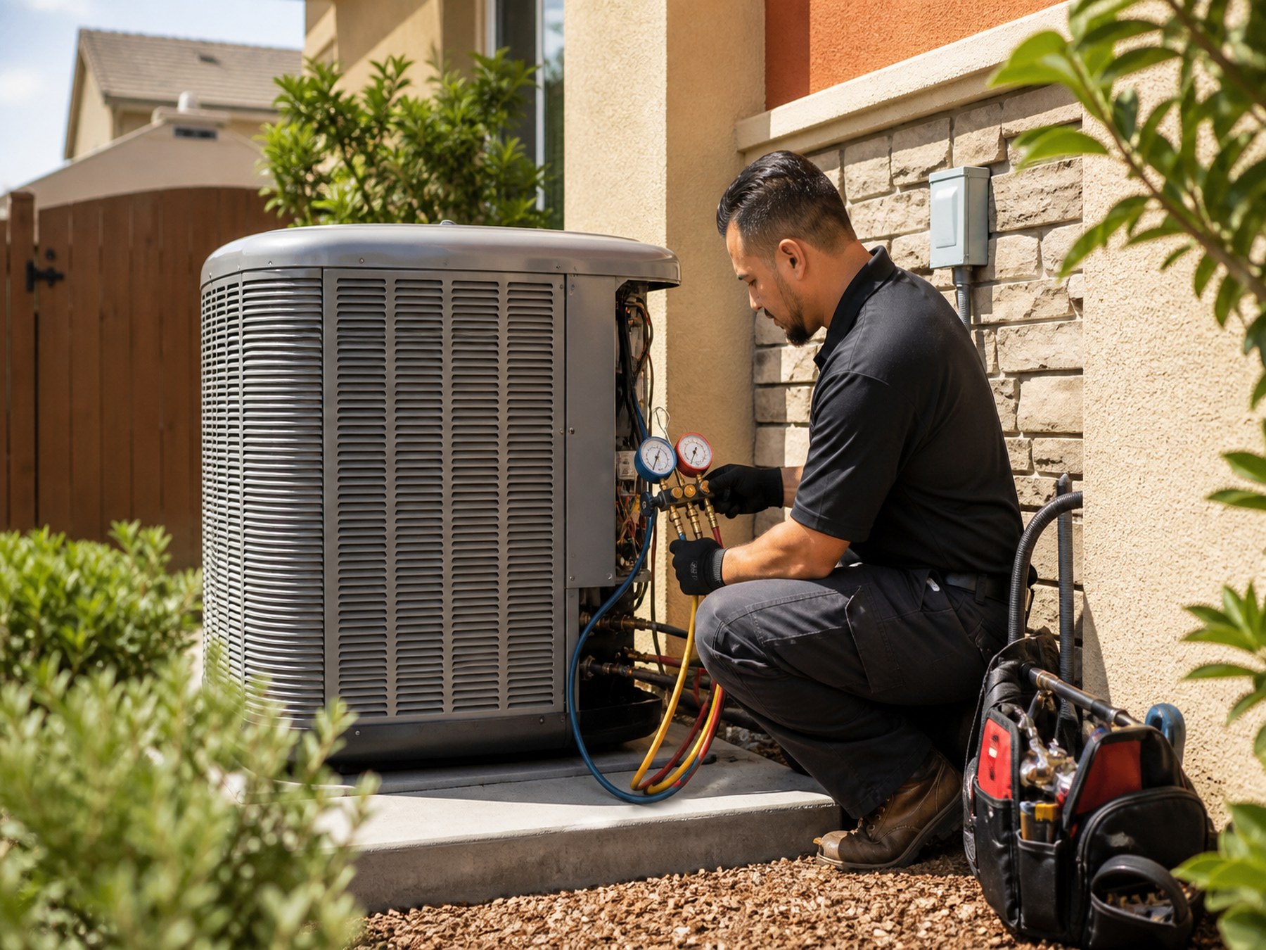 Technician diagnosing a residential air conditioner with manifold gauges